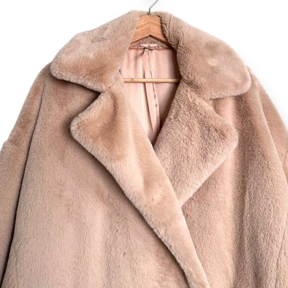 Free People Apricot Kate Faux Fur Double Breasted Overcoat Women's Size L - Picture 3 of 11